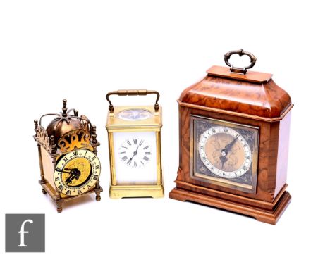 A 19th Century French brass carriage clock, white enamelled dial, on bracket plinth, height 12cm, a miniature brass lantern c