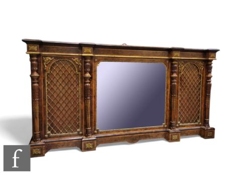 A Victorian burr walnut and rosewood crossbanded break front credenza, with decorative pierced gilt metal frieze and conformi