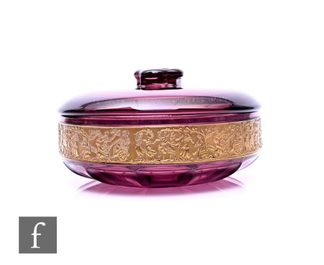 An amethyst glass bowl and cover in the manner of Moser Karlsbad, circa 1920, of circular form,&nbsp;deep acid etched band of