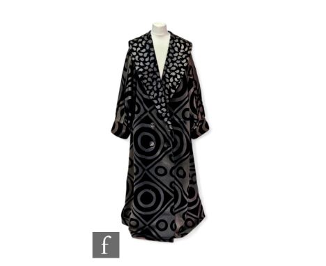 A&nbsp;Cressida Bell lady's opera coat, printed in a large black geometric pattern over a heavy woven grey cotton ground, wit