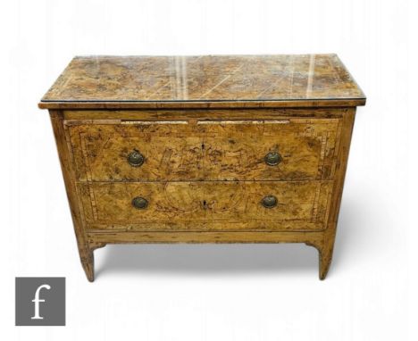 An 18th Century inlaid walnut Italian commode chest of two long drawers, scroll decorated figured top, oval brass drop handle