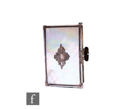 A 19th century mother of pearl card case, mounted with a silver cartouche within a banded border.
