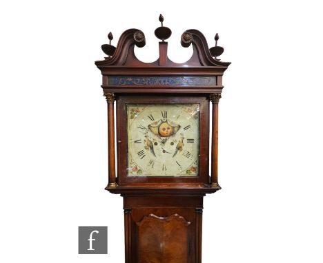 A mid 19th century mahogany longcase clock with eight day striking movement and moon phase, the dial painted with exotic bird