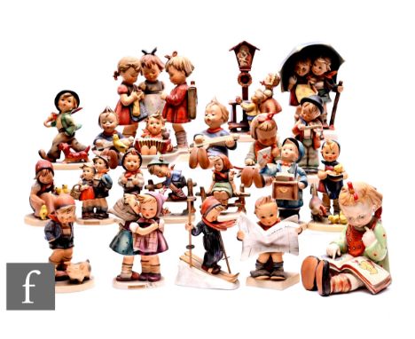 A collection of Hummel figures to include Skier, Adoration, Strolling Along, Bookworm, 15cm, Little Fiddler, Latest News, Sch