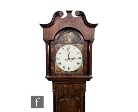 A 19th Century mahogany longcase clock, the painted arch dial with the nativity, eight day striking movement enclosed by a gl