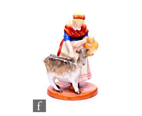 Phoebe Stabler for Royal Worcester, 'The Old Goat Woman', circa 1940, modelled standing with tethered goat, printed puce mark