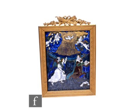 A 19th Century Limoges rectangular plaque of the Annunciation, depicting the angel Gabriel announcing to Mary that she would 