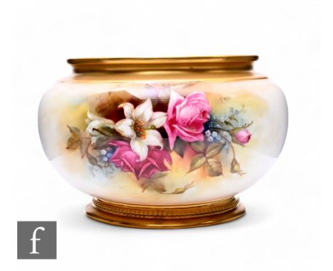 A Royal Worcester floral painted bowl by Frederick J Bray, circa 1904, of compressed ovoid form, with raised gilded rim and f