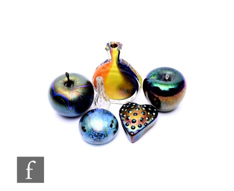 A Paul C Brown iridescent paperweight, apple form with cast metal stalk, height 7cm, a similar paperweight, an Isle of Wight 