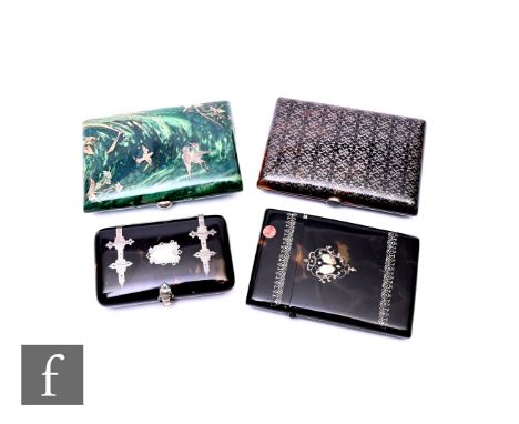 A 19th century tortoiseshell card case inlaid with a silver cartouche and banded, a similar smaller case inlaid with a strap 
