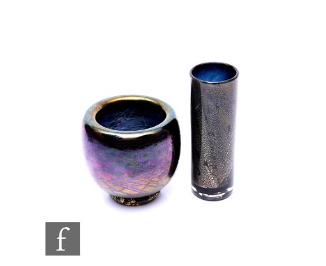 An Isle of Wight Azurene vase, of sleeve form, gold and silver leaf over black ground, moulded flame pontil, height 17.5cm, t