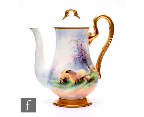 A Royal Worcester painted coffee by Ernest Barker, circa 1930, footed baluster form, decorated in the round with sheep and la