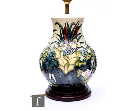 Rachel Bishop for Moorcroft Pottery, a Lamia pattern lamp base, circa 1995, of compressed baluster form, tubeline decorated w