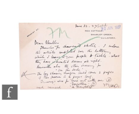 E.H.Shepard -&nbsp;(1879 - 1976 - Illustrator - Winnie the Pooh) - An autograph Post Card note signed with initials to Muller
