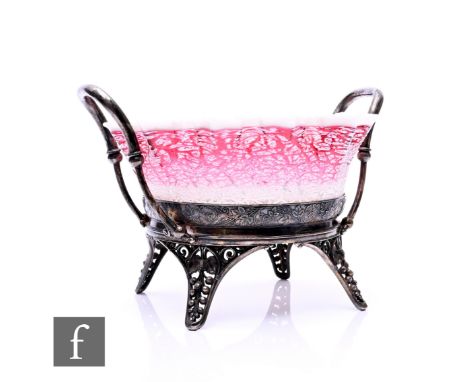 A Stevens &amp; Williams arabesque bowl, of circular form folded opal banded rim, graded pink to white glass with opal craque