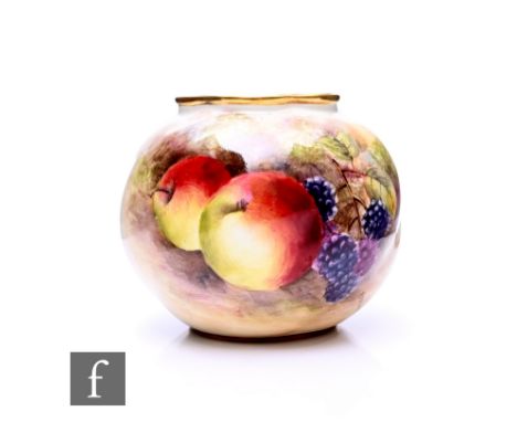 Gerald Delaney for Royal Worcester, a fruit painted vase, circa 1953, of wrythen spherical form, decorated with apples and bl