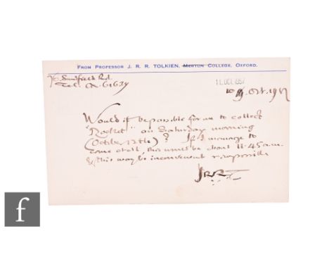 J. R. R. Tolkien (1892-1973 - Author) – An autographed Merton College printed postcard in ink signed with initials, to Allen 