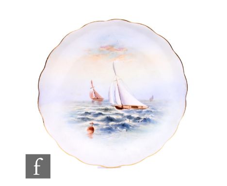 Raymond Rushton for Royal Worcester, a nautical cabinet plate, circa 1918, decorated with sail boats on a choppy sea, signed,