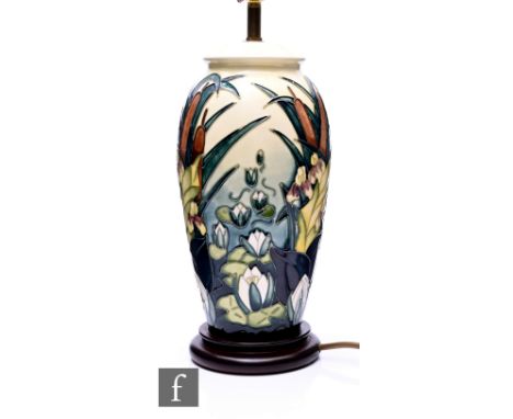 Rachel Bishop for Moorcroft Pottery, a Lamia pattern lamp base, circa 1995, of elongated ovoid form, tubeline decorated with 