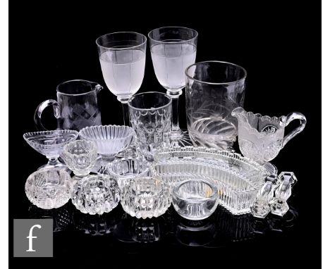 A collection of late 19th Century pressed glass, including a Thomas Kidd blue glass commemorative plate, two other examples, 