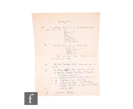 A.A.Milne -&nbsp;(1882-1956 - Author - Winnie the Pooh) - A page of manuscript correction notes in ink for “Now We Are Six” c