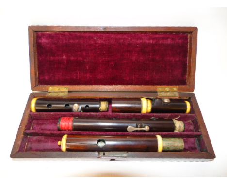 A vintage recorder with ivory banding in wooden case