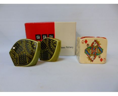 A carlton ware ashtray depicting playing cards and a boxed hornsea salt and pepper set in the form of fish