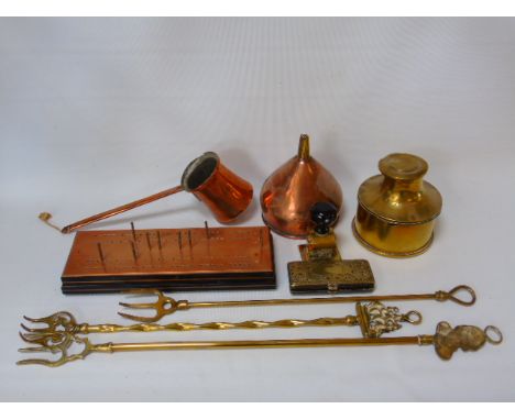 Collection of copper and brass ware to include a cribbage board, old funnel etc