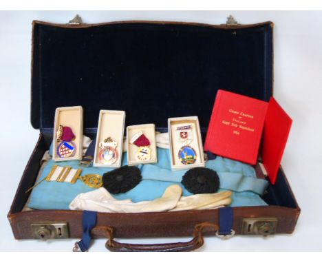 A collection of Masonic items including medals, sash, gloves etc