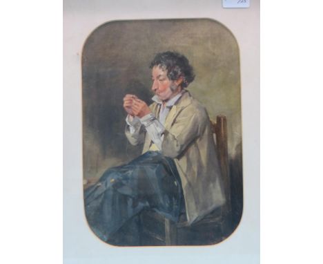 Henry Parsons Riviere (1811-88) - watercolour, portrait of a male seated at domestic repairs, entitled verso 'The Effects of 