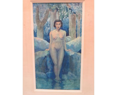Cyril Saunders Spackman - watercolour, portrait of a full-length nude female and stylised woodland setting, signed, 20 x 11in
