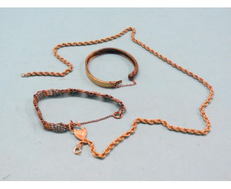 A 9ct. gold and white metal gate-link bracelet, 17 grams, a yellow metal necklace stamped 12k, 13 grams and a gilt-metal bang