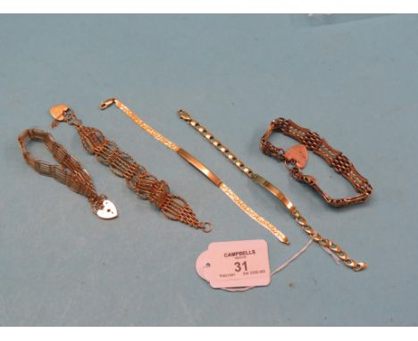 Three 9ct. gold gate-link bracelets, 41 grams total, and two 9ct. gold name bracelets, 17.8 grams total