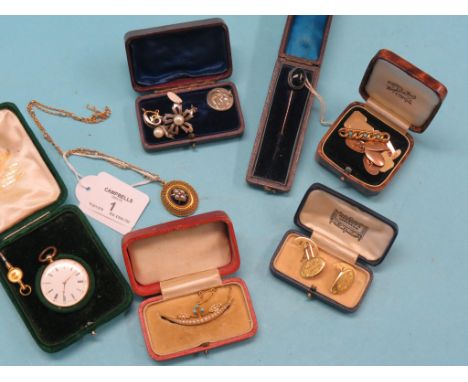 Assorted cased jewellery, to include Victorian oval mourning brooch set seed-pearls, on chain, Victorian 15ct. gold crescent 