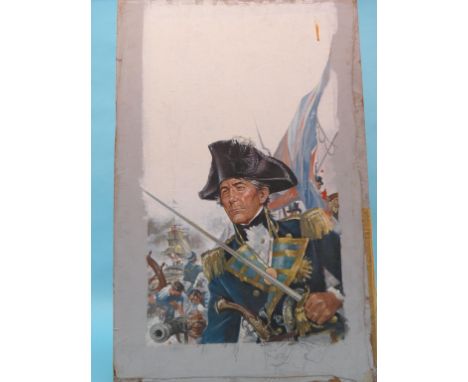 A large oil on board - an admiral in battle, possibly a book illustration, two other large paintings, all frameless, large pr