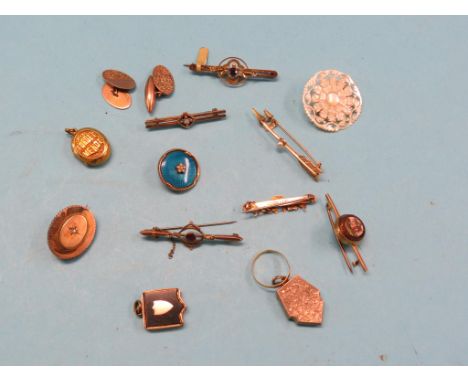 A 9ct. gold micro-mosaic bar brooch, ancient Greek ruin, four other 9ct. gold bar brooches, yellow metal arrow bar brooch, tw