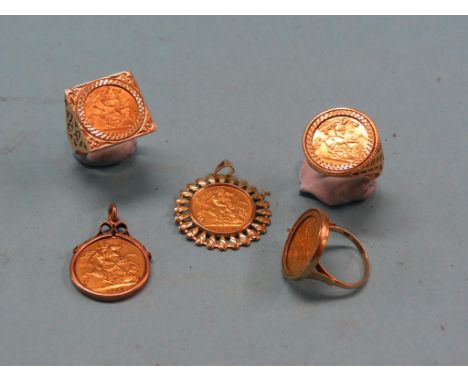 Five gold half-sovereigns, 1911, 1913, 1915, (2), 1963, three within 9ct. gold ring mounts, two within 9ct. gold pendant moun