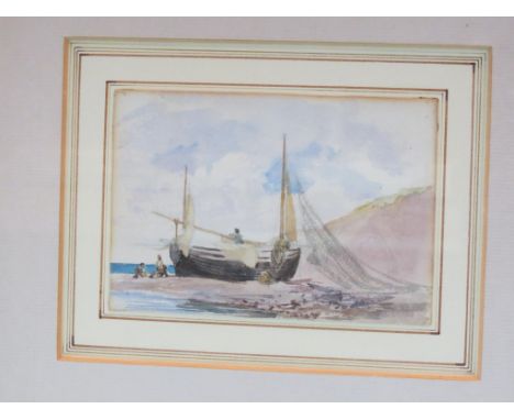 S. Wedgewood (attrib.) - small watercolour, A Fishing Boat Drying the Nets, labelled verso, unsigned, 3.5 x 5in. 