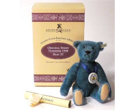 Steiff Collectors Club Teddy Bear, white label, no. 420047, 1994 'Steiff Club', blue mohair with beige felt pads, black glass