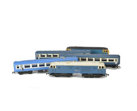 Tri-ang Big Big 0 Gauge Hymeks and Coaches, BR mid blue Hymek and bright blue Hymek (lacks motor and Driving wheels), two mid