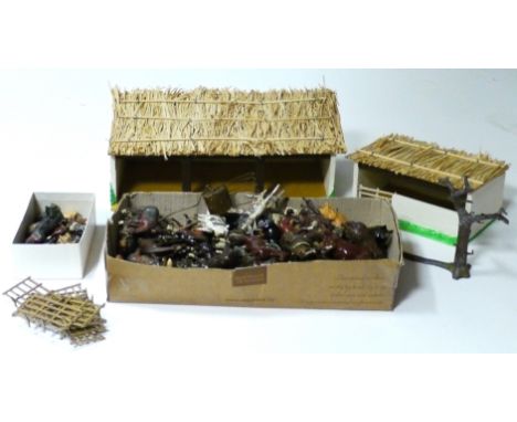 Lead Farm animals, people and accessories, including 2 wooden buildings in the Amersham Toys style, Britains, Hilco, Crescent