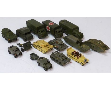 Military Diecast, tanks and trucks including Dinky 626 Military Ambulance, 677 Armoured Command Vehicle, 621 3 Ton Army Wagon