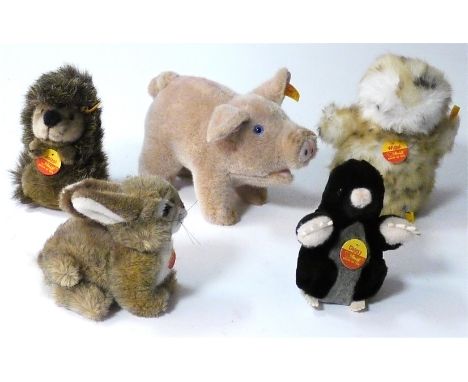 Steiff Animals, yellow labels, no. 071768 mole 'Diggy' with black fur, grey stomach and pink pads, 6in, no. 070709 hedgehog '