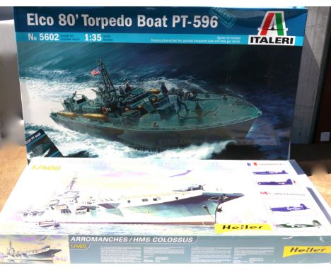 Italeri and Heller Military Ship Kits, no. 81090 Arromanches HMS Colossus, no. 5602 Elco 80' Torpedo Boat and others, assorte