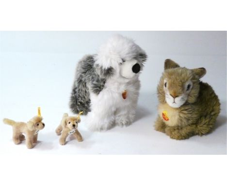 Steiff Animals, yellow labels, no. 4132/24 dog 'Mobby' with white and grey fur, 11in, no. 2975/25 rabbit 'Dormy' with golden 
