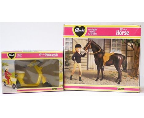 Sindy, 44384 Sindy's Motorcycle (incomplete, missing outfit, shoes and safety helmet) together with 44569 Sindy's Horse, in o
