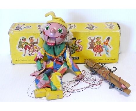 Pelham Puppet, SM Clown from the SM Range, wool hair, painted features, opening mouth, wearing a yellow felt pointed hat and 