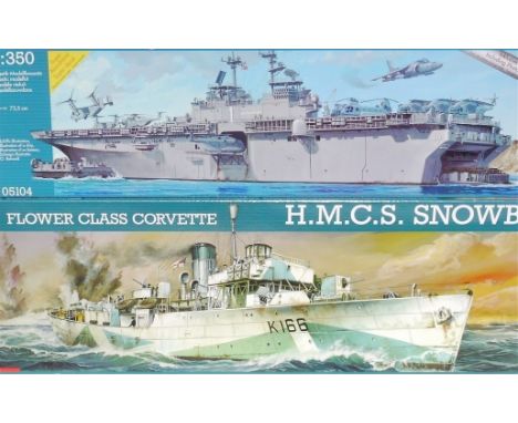 Two Revell US Navy Ship Kits, 05061 Flower Class Corvette H.M.C.S. Snowberry, 1:72 scale and a 05104 U.S.S. Wasp (LHD-1), 1.3