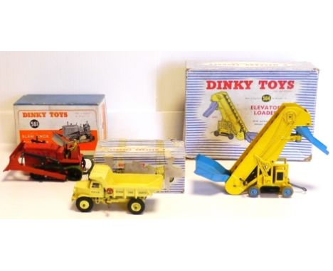 Dinky Commercial Vehicles, 561 Blaw Knox Bulldozer, red body, green rubber tracks, driver lifting blade, in blue box with ora