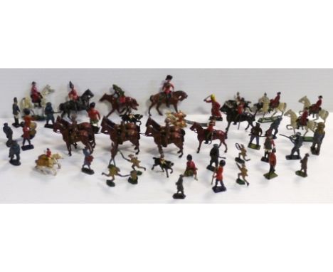 Military lead figures including RHA peak cap outriders at halt from Britains 18 inch howitzer set, Britains Lancers (3), Hilc